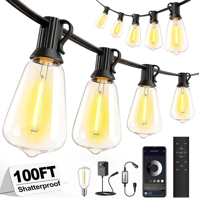 Main image of Outdoor String Lights 100FT, APP & Remote Control Dimmable Patio Lights, Plug in LED String Lights with Timer, Waterproof Backyard Pergola Garden Party Decor