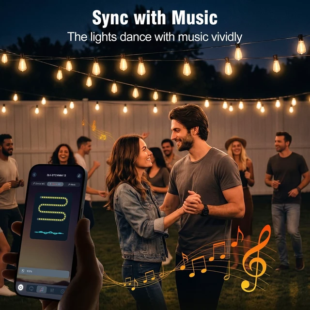 Alt view image 4 of 7 - Outdoor String Lights 100FT, APP & Remote Control Dimmable Patio Lights, Plug in LED String Lights with Timer, Waterproof Backyard Pergola Garden Party Decor