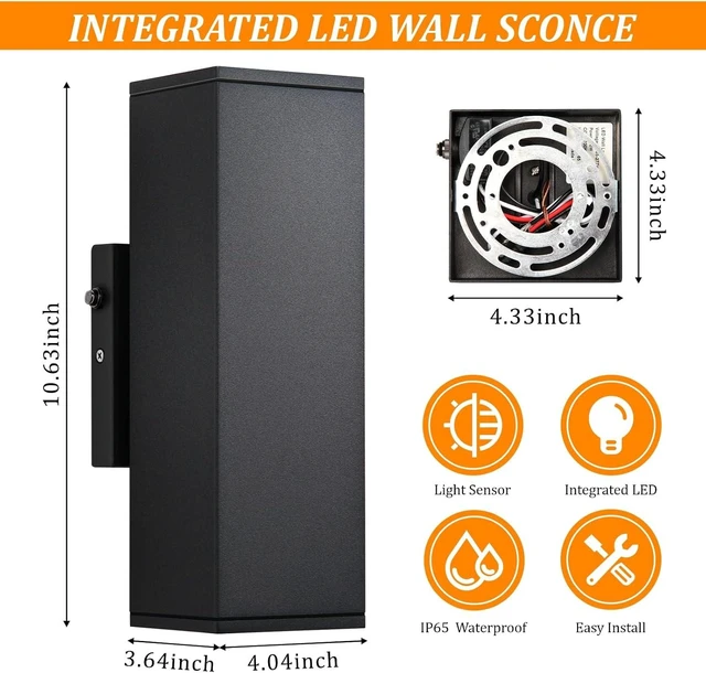 Alt view image 7 of 7 - DAKAFUL Dusk to Dawn Outdoor Lighting Sensor Porch Lights 2 Packs, 12W 2700K Integrated LED Up Down Lights Outdoor, IP65 Waterproof Aluminum Wall Sconce Exterior Wall Light for Porch Patio etc.