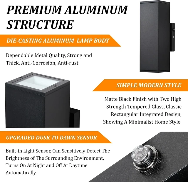 Alt view image 5 of 7 - DAKAFUL Dusk to Dawn Outdoor Lighting Sensor Porch Lights 2 Packs, 12W 2700K Integrated LED Up Down Lights Outdoor, IP65 Waterproof Aluminum Wall Sconce Exterior Wall Light for Porch Patio etc.