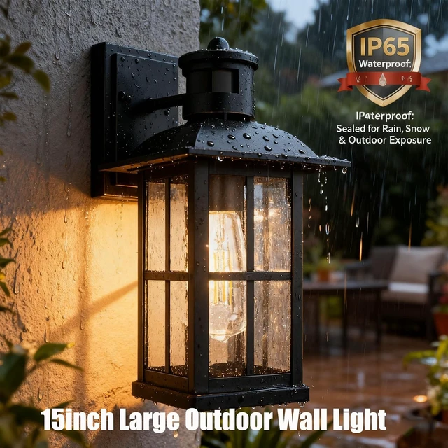 Alt view image 2 of 7 - 2Pack 15inch Large Outdoor Wall Lights,Modern Black Exterior Lantern Wall Light Fixture with E26 Sockets & Tempered Glass,Waterproof Porch Wall Lighting for Garage,Garden