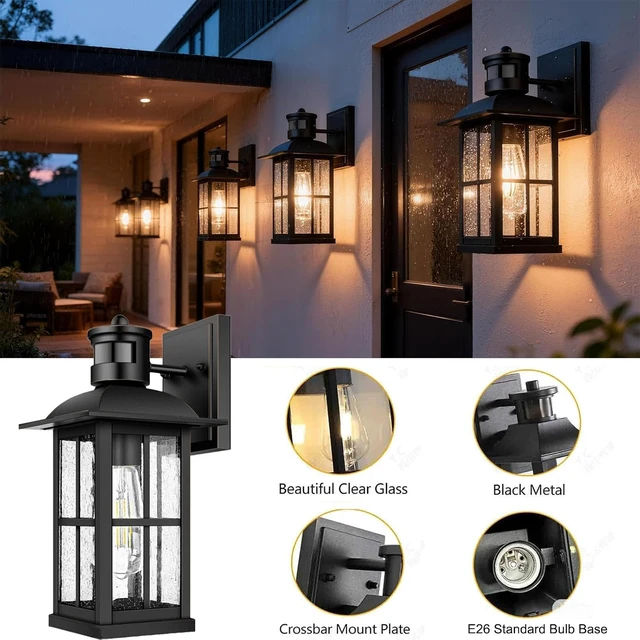 Alt view image 4 of 7 - 2Pack 15inch Large Outdoor Wall Lights,Modern Black Exterior Lantern Wall Light Fixture with E26 Sockets & Tempered Glass,Waterproof Porch Wall Lighting for Garage,Garden