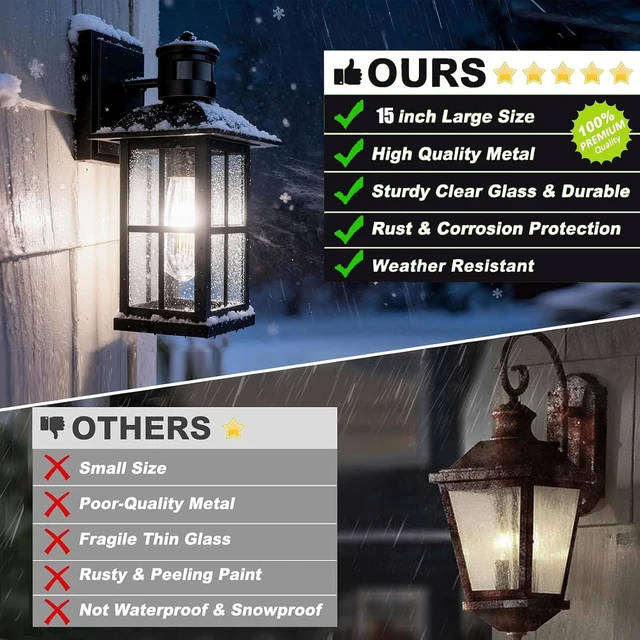Alt view image 5 of 7 - 2Pack 15inch Large Outdoor Wall Lights,Modern Black Exterior Lantern Wall Light Fixture with E26 Sockets & Tempered Glass,Waterproof Porch Wall Lighting for Garage,Garden
