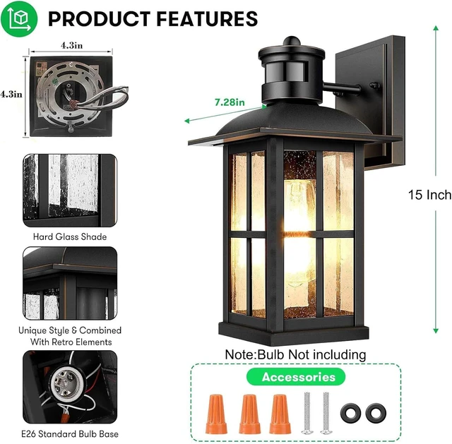 Alt view image 7 of 7 - 2Pack 15inch Large Outdoor Wall Lights,Modern Black Exterior Lantern Wall Light Fixture with E26 Sockets & Tempered Glass,Waterproof Porch Wall Lighting for Garage,Garden