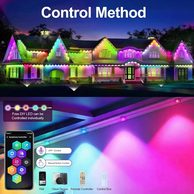 Alt view image 5 of 7 - Permanent Outdoor Lights 200ft RGB+IC Outdoor String Lights App&Voice Control,IP67 Waterproof,100 Scene Modes Decoration for Home Christmas,Halloween,Holiday100ftx2pack