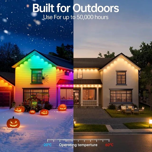 Alt view image 6 of 7 - Permanent Outdoor Lights 200ft RGB+IC Outdoor String Lights App&Voice Control,IP67 Waterproof,100 Scene Modes Decoration for Home Christmas,Halloween,Holiday100ftx2pack