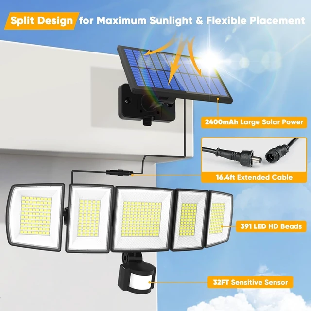 Alt view image 2 of 7 - MDCMDCM Solar Motion Lights Outdoor - with 16.4ft Cable, 3000LM LED Security Lights for Outside Dusk to Dawn, IP65 Waterproof Flood Lights with Remote for Court Yard Garage Front Door