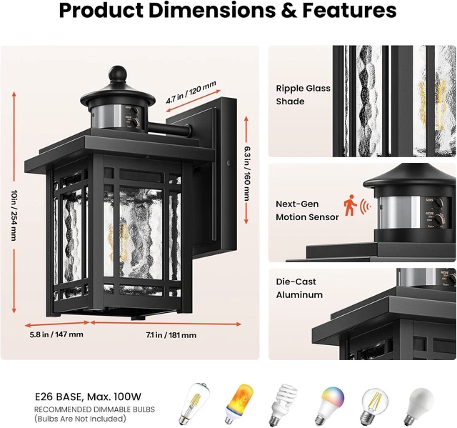 Alt view image 6 of 7 - Gleamz 2-Pack Outdoor Porch Lights Wall Mount, Black Motion Sensor Outdoor Wall Lights, Aluminum Exterior Lighting Fixtures, Modern Exterior Lighting Fixtures Dusk to Dawn for Home Patio, E26 Socket