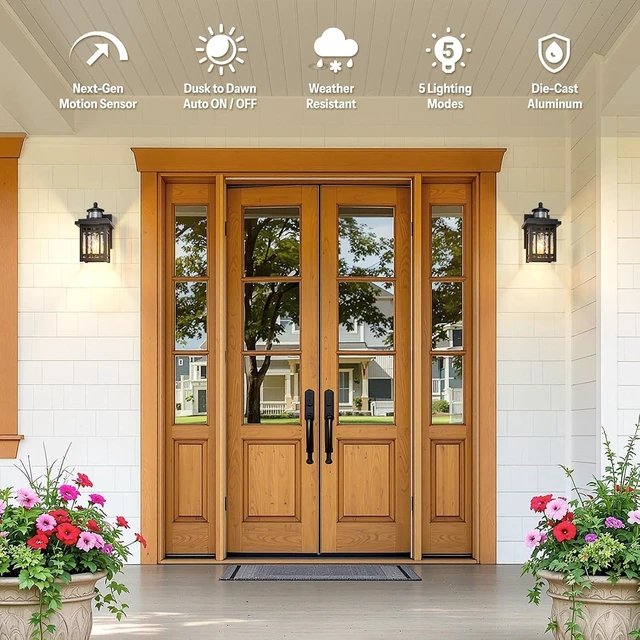 Alt view image 7 of 7 - Gleamz 2-Pack Outdoor Porch Lights Wall Mount, Black Motion Sensor Outdoor Wall Lights, Aluminum Exterior Lighting Fixtures, Modern Exterior Lighting Fixtures Dusk to Dawn for Home Patio, E26 Socket