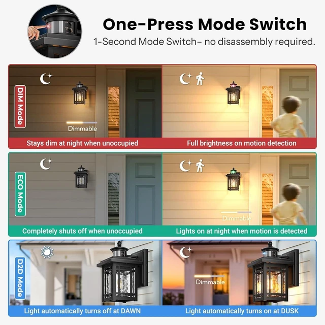 Alt view image 2 of 7 - Gleamz 2-Pack Outdoor Porch Lights Wall Mount, Black Motion Sensor Outdoor Wall Lights, Aluminum Exterior Lighting Fixtures, Modern Exterior Lighting Fixtures Dusk to Dawn for Home Patio, E26 Socket