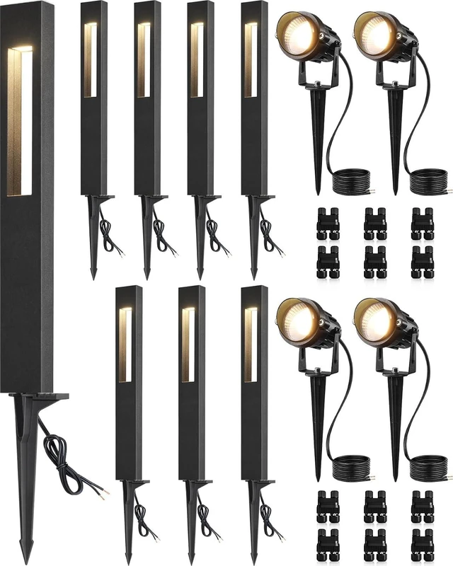 Main image of SUNVIE 12-Pack Low Voltage Pathway Lights Wired with Spotlights LED Outdoor Landscape Lighting Kit for Path, Garden, Yard, Patio, Cast-Aluminum, IP65 Waterproof, 12-24V AC/DC, 3000K Warm White, Black