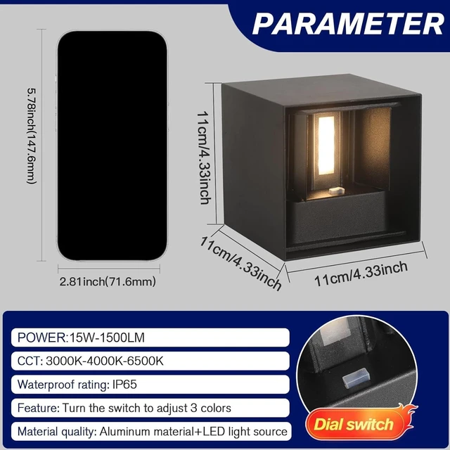 Alt view image 5 of 7 - 15W Outdoor Wall Lights 3CCT Adjustable,Up and Down Wall Sconce 4 Pack