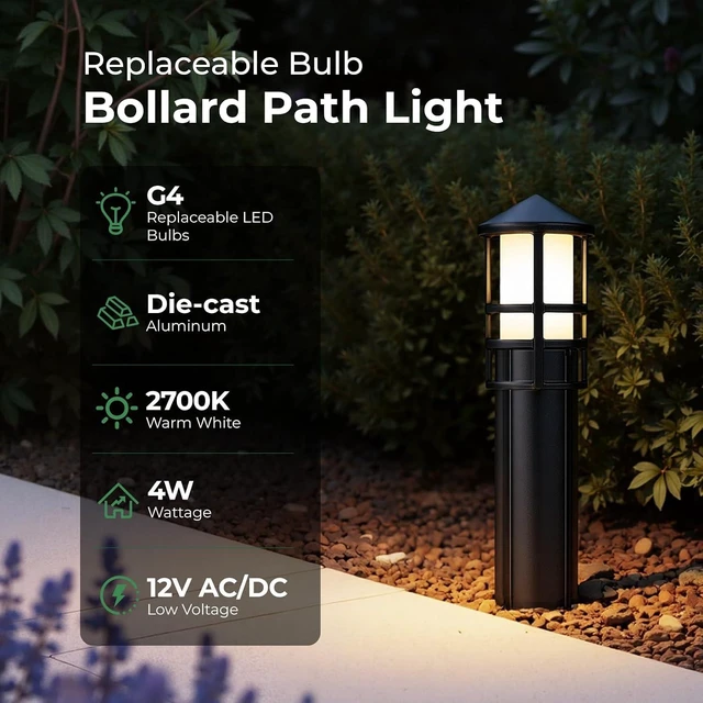 Alt view image 3 of 7 - Gardencoin Low Voltage Landscape Pathway Lights, Replaceable G4 Bulb 12V 4W 2700K Outdoor LED Landscape Lighting, Aluminum Waterproof Walkway Lighting, Bollard Path Lights Wired, Black 6 Pack