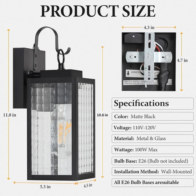 Alt view image 7 of 7 - 11.8" Dusk to Dawn Porch Light, Wall Mount Outdoor Light, Black