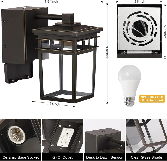 Alt view image 3 of 7 - Porch Light with GFCI Outlet Built in, Dusk to Dawn Outdoor Lighting with Outlet, Waterproof Anti-Rust Alunmium Exterior Wall Mount Fixture, Outside Light for House Garage Front Door, Bulb Included