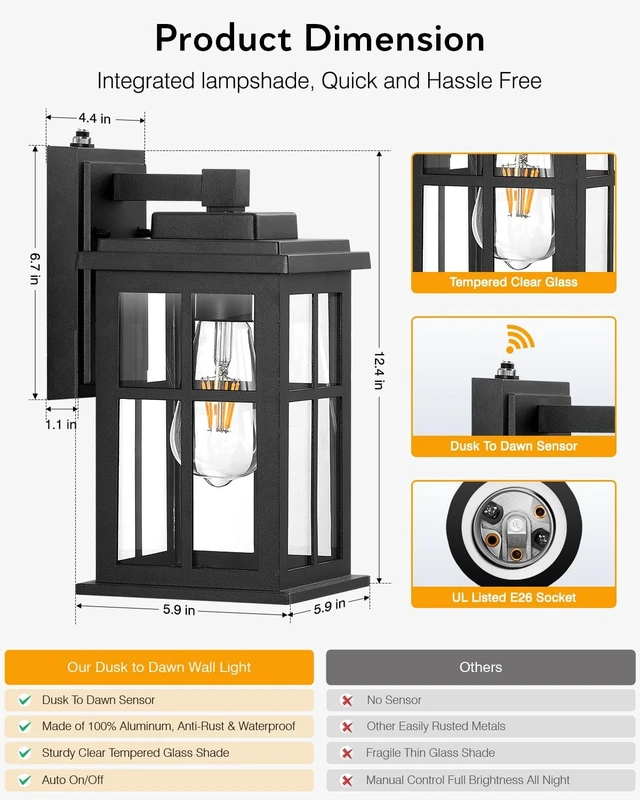 Alt view image 7 of 7 - Dusk to Dawn Outdoor Lights for House, 2 Pack Outdoor Light Fixture, Black Exterior Lighting Fixtures, Dusk to Dawn Outdoor Lighting for House, Porch, Garage, Doorway, Anti-Rust, Waterproof