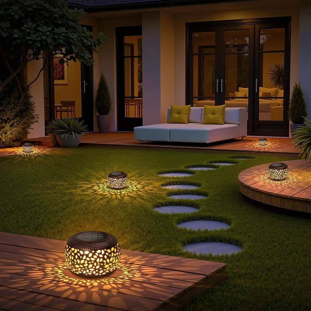 Alt view image 7 of 7 - Solar Lanterns Outdoor Waterproof, 4 Pack Flower Petal Solar Garden Lights with 2 Lighting Colors, Vintage Metal Outdoor Patio Garden Decor - Unique Gifts for Women Mom Sisters Birthday