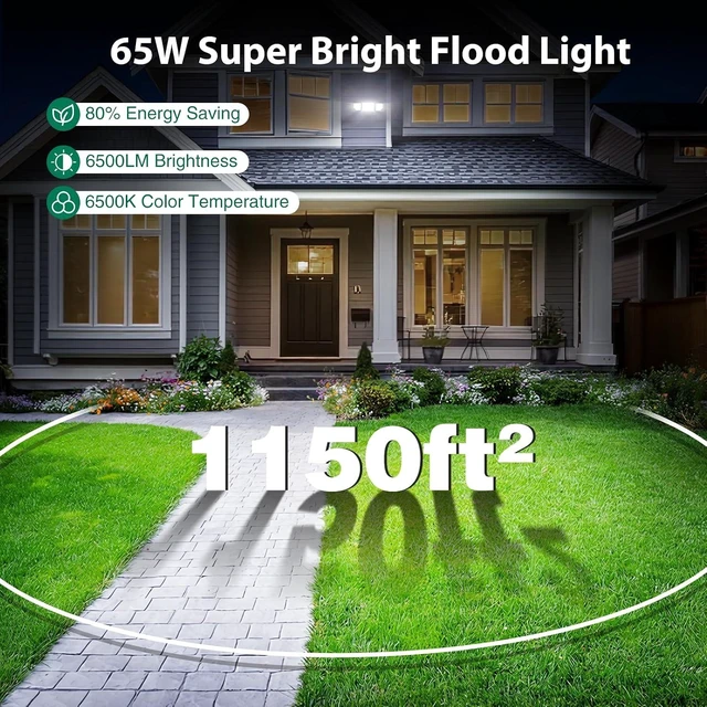 Alt view image 5 of 7 - Flood Light Outdoors, 65W 6500 Lumen Super Bright LED Security Lights, 3 Adjustable Heads, IP65 Waterproof, 6500K Daylight Wall Mount Outdoor Flood Light for Yard, Garage