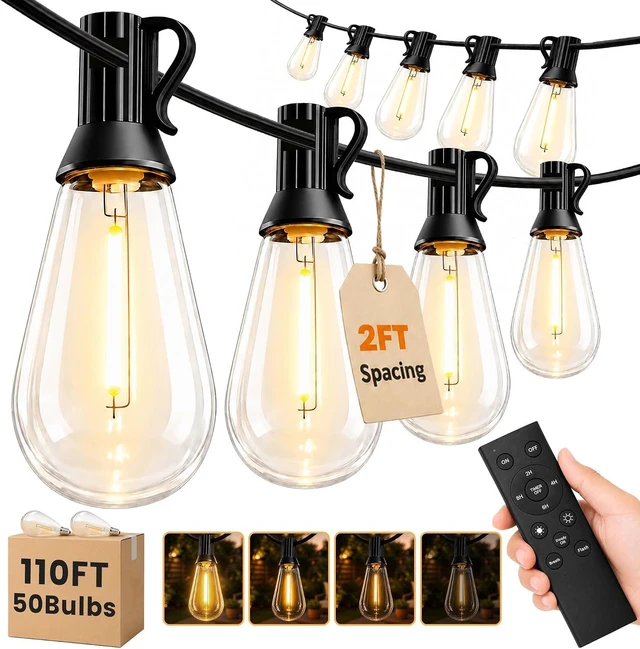 Main image of 110FT(100+10) Outdoor LED String Lights with 2FT Bulb Spacing, Waterproof, Shatterproof, Dimmable, Warm White, 3 Lighting Modes, Timer, Plug in Hanging Backyard Lights for Outside, Patio