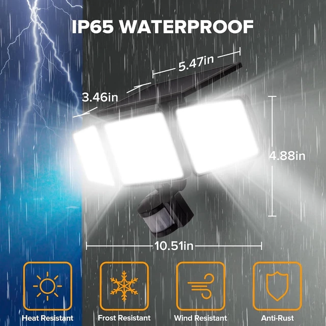 Alt view image 7 of 7 - UME Solar Outdoor Lights 302 LED 3000LM, IP65 Waterproof Motion Sensor Outdoor Lights, 3 Heads Solar Security Flood Lights 270 Wide Lighting Angle with 3 Modes for Garden Patio Yard - 2 Pack