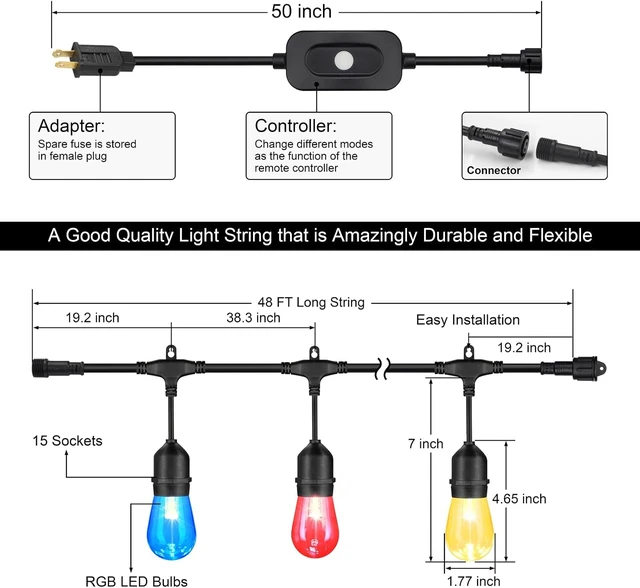 Alt view image 6 of 7 - Mlambert 48FT Outdoor Patio RGB Cafe String Lights with Remote, Black