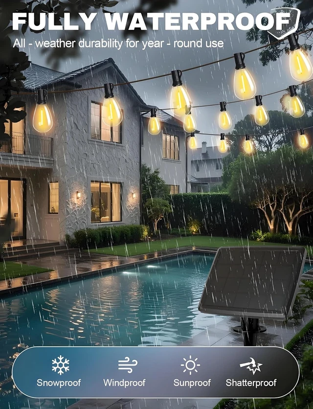 Alt view image 2 of 6 - Tenmiro 120FT Solar Outdoor String Lights with Remote and 32+2 LED Shatterproof Bulbs Dimmable & Timing 3 Light Modes Solar Patio String Lights for Cafe, Garden, Deck, Outside Wedding Last for 10+Hrs