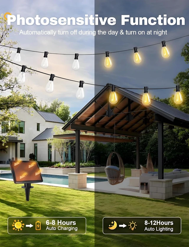 Alt view image 3 of 6 - Tenmiro 120FT Solar Outdoor String Lights with Remote and 32+2 LED Shatterproof Bulbs Dimmable & Timing 3 Light Modes Solar Patio String Lights for Cafe, Garden, Deck, Outside Wedding Last for 10+Hrs