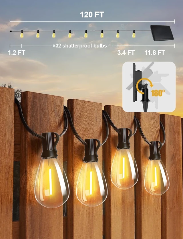Alt view image 5 of 6 - Tenmiro 120FT Solar Outdoor String Lights with Remote and 32+2 LED Shatterproof Bulbs Dimmable & Timing 3 Light Modes Solar Patio String Lights for Cafe, Garden, Deck, Outside Wedding Last for 10+Hrs