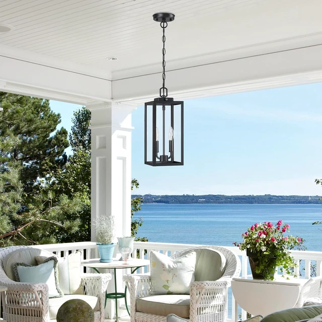 Alt view image 7 of 7 - 15'' Large Dusk to Dawn Outdoor Pendant Light 2-Light, Black