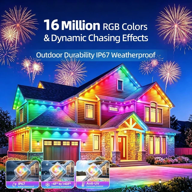 Alt view image 2 of 7 - Permanent Outdoor Lights 150ft RGB+IC Outdoor String Lights App&Voice Control,IP67 Waterproof,100 Scene Modes Decoration for Home Christmas,Halloween,Holiday Decor,Timer Function