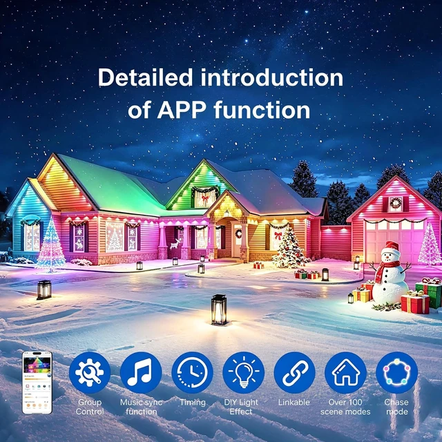 Alt view image 3 of 7 - Permanent Outdoor Lights 150ft RGB+IC Outdoor String Lights App&Voice Control,IP67 Waterproof,100 Scene Modes Decoration for Home Christmas,Halloween,Holiday Decor,Timer Function
