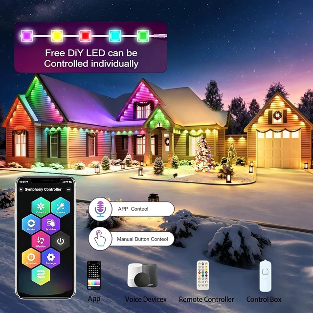 Alt view image 4 of 7 - Permanent Outdoor Lights 150ft RGB+IC Outdoor String Lights App&Voice Control,IP67 Waterproof,100 Scene Modes Decoration for Home Christmas,Halloween,Holiday Decor,Timer Function