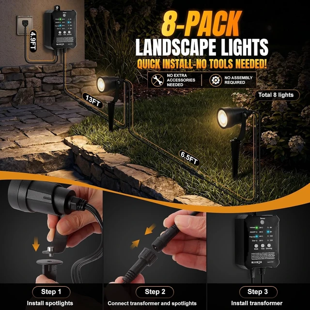 Alt view image 2 of 7 - Low Voltage Landscape Lighting, 5W 750LM LED Outdoor Lights with Dusk to Dawn Sensor Timer, Dimmable, Waterproof, Spotlights Warm White for Yard Pathway Patio (8 Pack 5W Warm White)