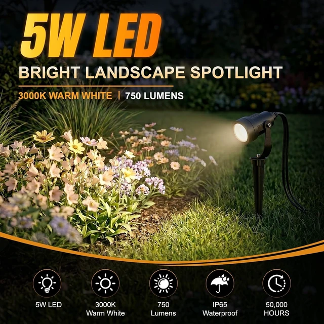 Alt view image 4 of 7 - Low Voltage Landscape Lighting, 5W 750LM LED Outdoor Lights with Dusk to Dawn Sensor Timer, Dimmable, Waterproof, Spotlights Warm White for Yard Pathway Patio (8 Pack 5W Warm White)