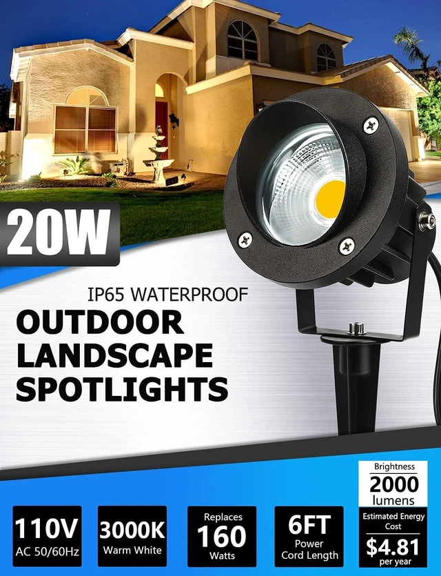 Alt view image 2 of 7 - SUNVIE 20W Outdoor Spotlight LED Landscape Lighting 120V AC Waterproof Yard Spot Lights Outdoor with Stake for Tree Flag Lights 3000K Ultra Warm White Lawn Decorative Lamp with US 3-Plug in (2 Pack)