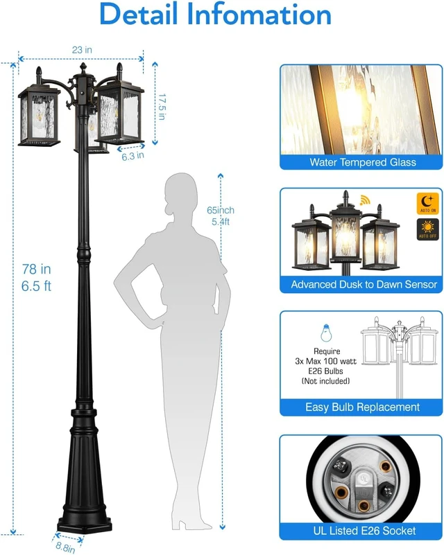 Alt view image 4 of 7 - VIANIS Dusk to Dawn Lamp Posts Outdoor Lighting, Triple Head Street Light