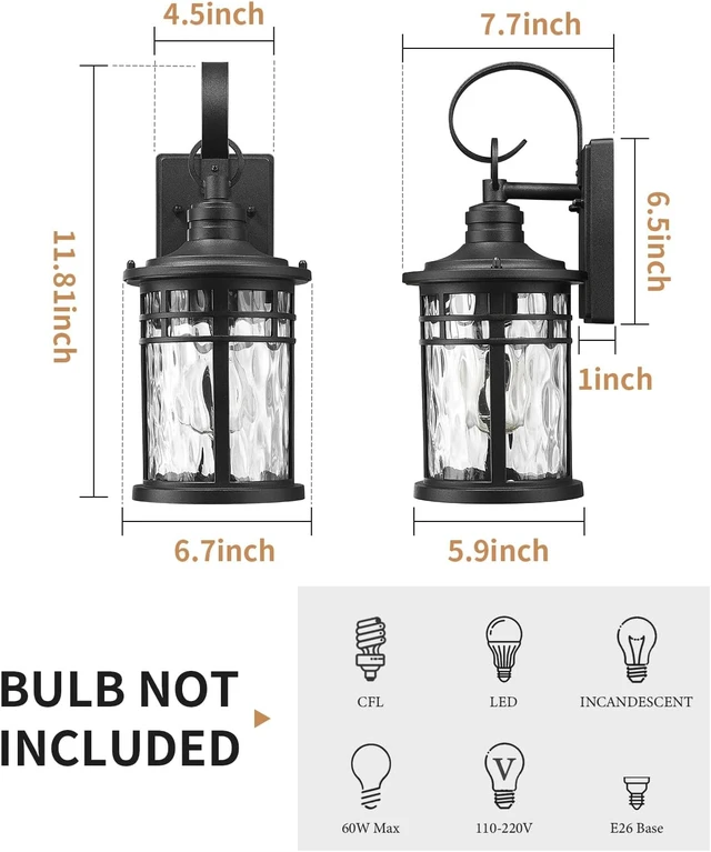 Alt view image 3 of 7 - Darkaway Outdoor Wall Lights,2pcs Exterior Lighting Fixtures Wall Mount Porch Lights Waterproof Outdoor Sconce with Water Ripple Glass for House Patio Hallway Garage