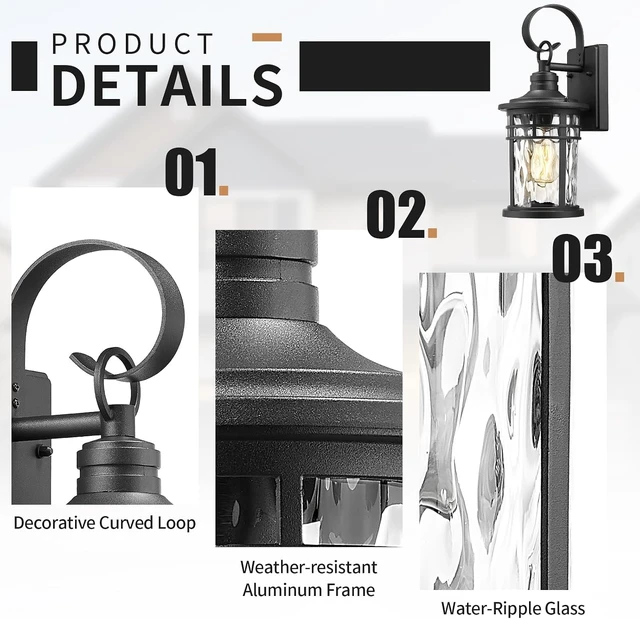 Alt view image 5 of 7 - Darkaway Outdoor Wall Lights,2pcs Exterior Lighting Fixtures Wall Mount Porch Lights Waterproof Outdoor Sconce with Water Ripple Glass for House Patio Hallway Garage