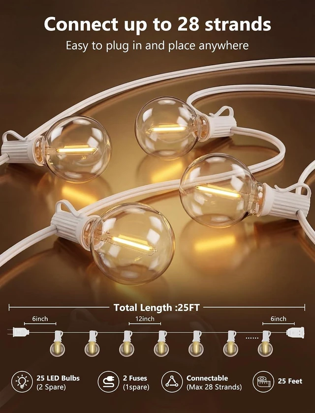 Alt view image 2 of 7 - 25Ft G40 LED White Outdoor String Lights with 27 Shatterproof Globe Bulbs