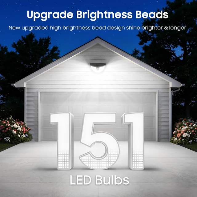 Alt view image 3 of 7 - Solar Motion Sensor Lights Outdoor, 151 LED Super Bright Solar Lights 270° Angle,Wireless Security Wall Light with 2 Lighting Modes, IP65 Waterproof Solar Powered Fence Lights for Patio,Yard,Walkway