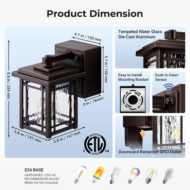 Alt view image 7 of 7 - Bronze Porch Light with Outlet, Dusk to Dawn Outdoor Light Fixture