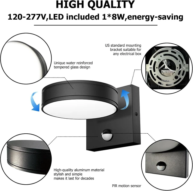 Alt view image 5 of 7 - 360° Adjustable Motion Sensor Outdoor Wall Sconce, 1500LM Dimmable LED Frameless Solid Aluminum Light, Waterproof Exterior Lighting for Porch Garage Entryway Patio