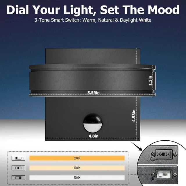 Alt view image 7 of 7 - 360° Adjustable Motion Sensor Outdoor Wall Sconce, 1500LM Dimmable LED Frameless Solid Aluminum Light, Waterproof Exterior Lighting for Porch Garage Entryway Patio