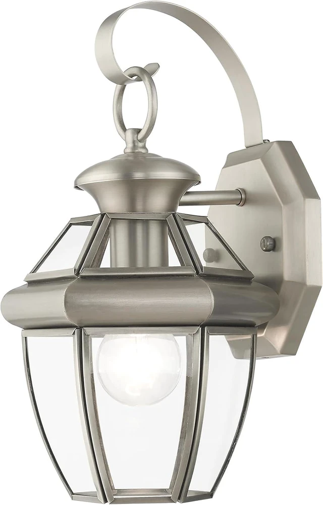 Main image of Livex Lighting 2051-91 Monterey 1 Light Outdoor Brushed Nickel Finish Solid Brass Wall Lantern with Clear Beveled Glass