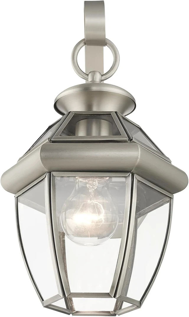 Alt view image 5 of 7 - Livex Lighting 2051-91 Monterey 1 Light Outdoor Brushed Nickel Finish Solid Brass Wall Lantern with Clear Beveled Glass