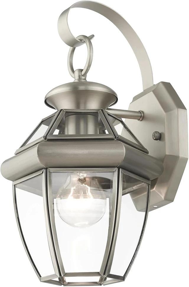 Alt view image 3 of 7 - Livex Lighting 2051-91 Monterey 1 Light Outdoor Brushed Nickel Finish Solid Brass Wall Lantern with Clear Beveled Glass