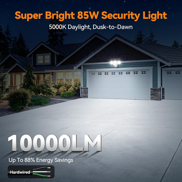 Alt view image 2 of 7 - 85W 10000LM Switch Controlled Outdoor Flood Lights, 4-Head Super Bright LED Security Light, 5000K Daylight, IP65 Waterproof Hardwired Exterior Light for Outside Garage Yard (White)