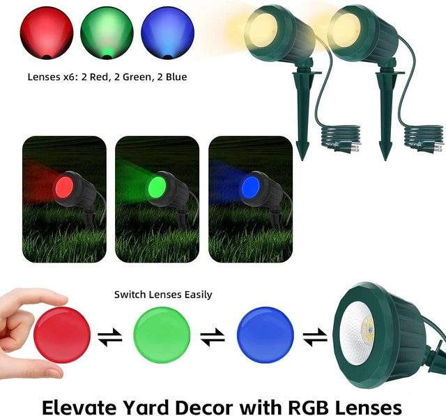 Alt view image 3 of 7 - Halloween & Christmas Outdoor Spotlight, 2700K Warm White LED LandscapeSpot Lights with RGB 3 Lenses, IP67 Waterproof, 120V Plug-in for Yard, Garden Tree Holiday Decor(2 Pack, Green)