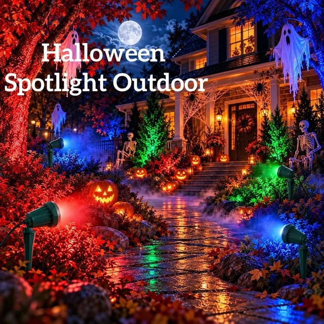 Alt view image 2 of 7 - Halloween & Christmas Outdoor Spotlight, 2700K Warm White LED LandscapeSpot Lights with RGB 3 Lenses, IP67 Waterproof, 120V Plug-in for Yard, Garden Tree Holiday Decor(2 Pack, Green)