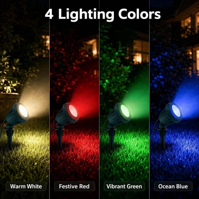 Alt view image 4 of 7 - Halloween & Christmas Outdoor Spotlight, 2700K Warm White LED LandscapeSpot Lights with RGB 3 Lenses, IP67 Waterproof, 120V Plug-in for Yard, Garden Tree Holiday Decor(2 Pack, Green)